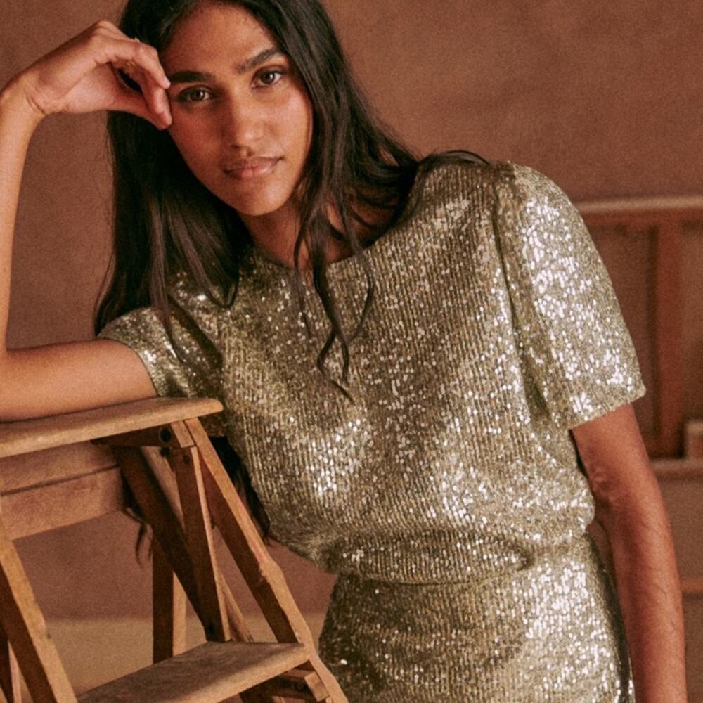 Sezane Camille Blouse Size 2 Silver Gold Sequins Party French Casual Top NWT